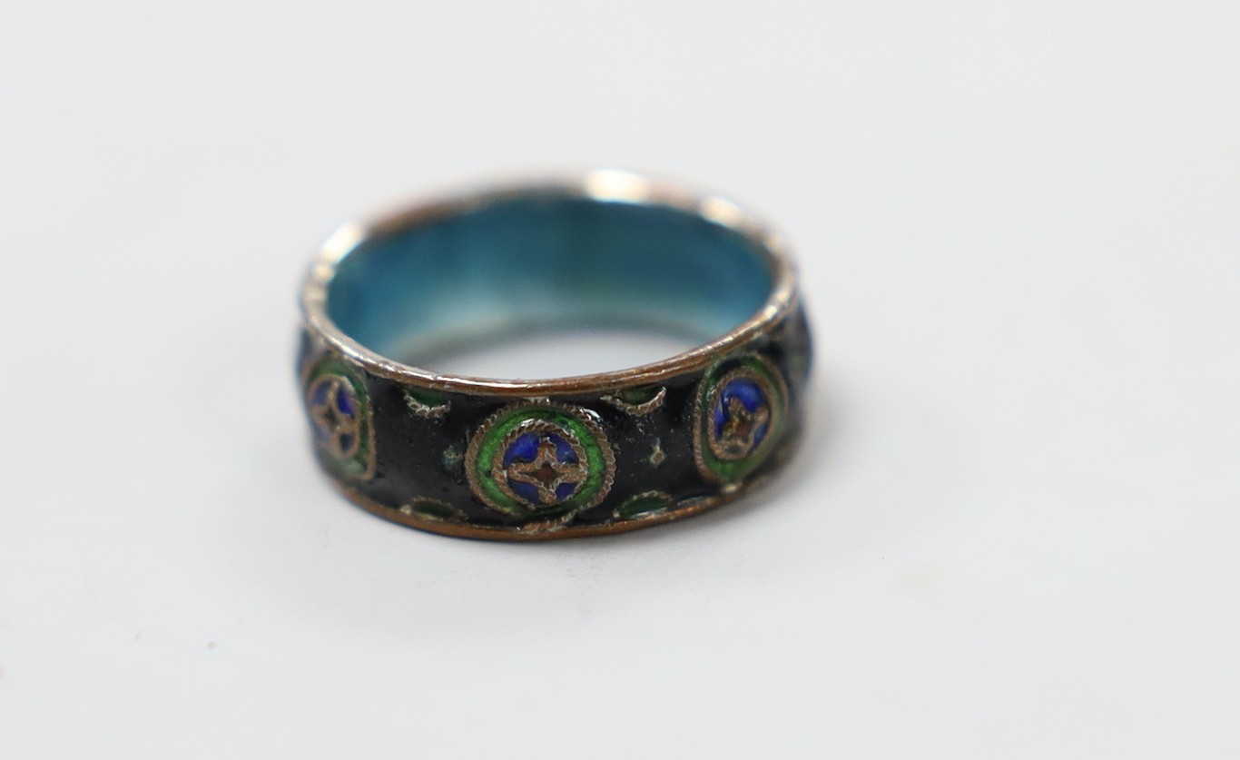 A small group of white metal and paste set jewellery, including a double clip brooch, necklace and three pairs of earrings, three satsuma buttons and a cloisonne ring.